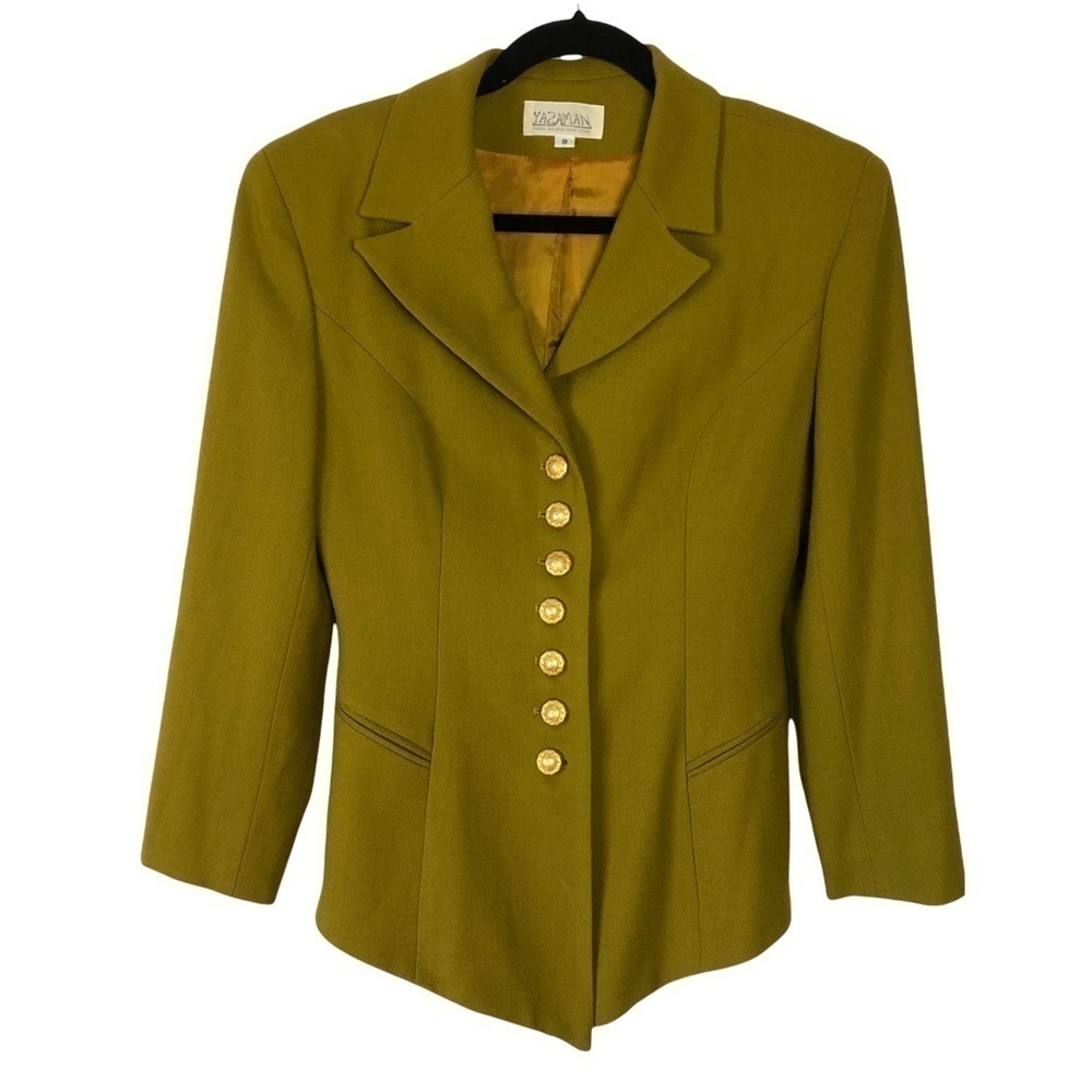 Yasaman Vintage Olive Green Structured Blazer Gold Buttons Paris Milano 8 Office